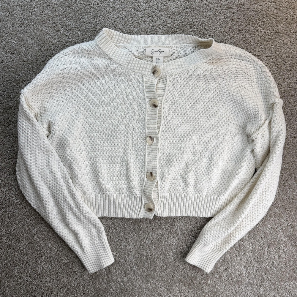 Jessica Simpson Cardigan Sweater Womens M White Waffle Knit Button Front Cropped